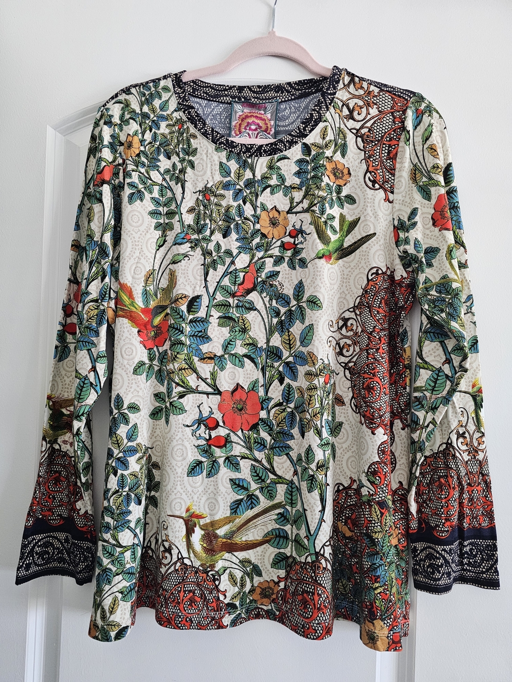 Johnny Was Cream Multi Floral & Bird Long-Sleeve Top